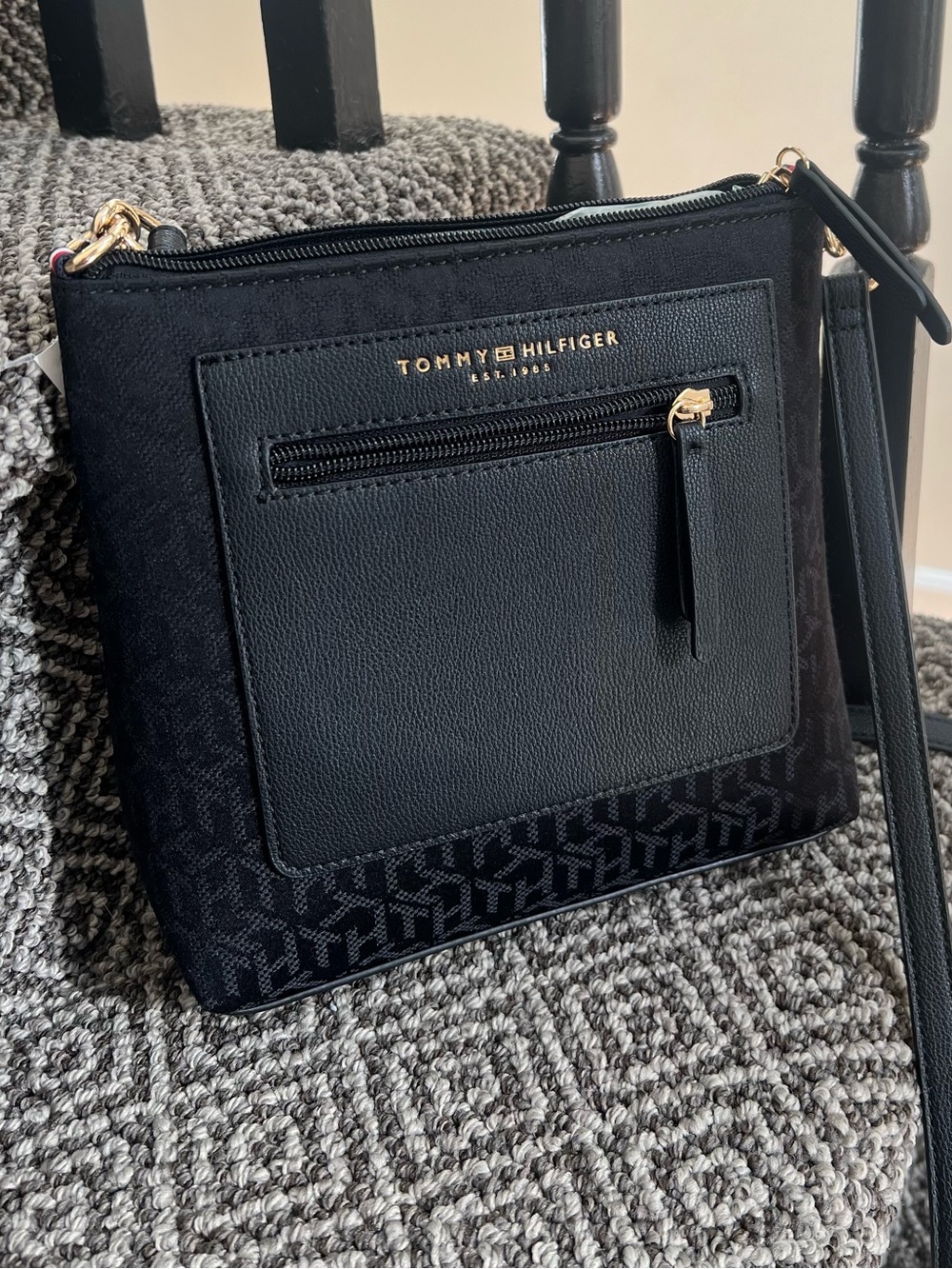 Tommy Hilfiger Black Logo Jacquard Crossbody Bag with Front Zip Pocket